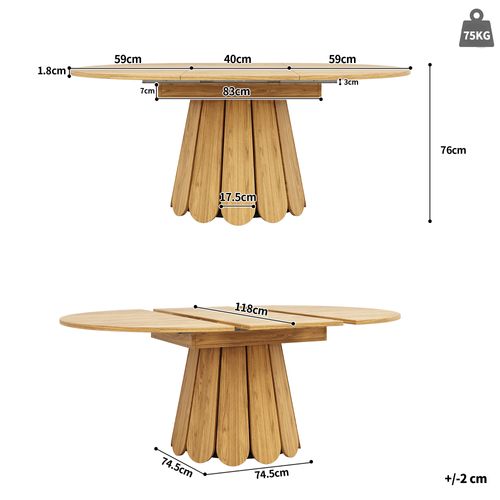 Table à Manger Extensible Ronde 118-158x118x76cm Bois Pour 6 Personnes