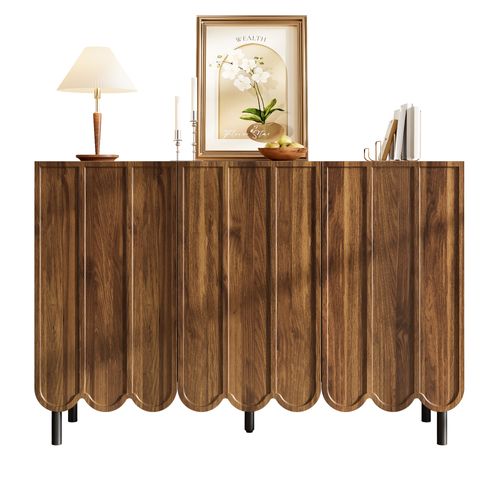 Buffet 120x35x80 Cm - 3 Portes Ondulées - Sans Poignées - Étagères Réglables - Bois