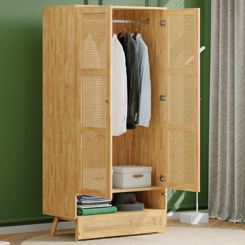 Armoire 90x45x183cm,filet En Rotin, Avec Couvercle Inférieur Réversible, Aggloméré + Rotin Pe