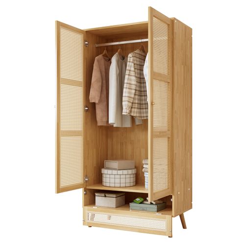 Armoire 90x45x183cm,filet En Rotin, Avec Couvercle Inférieur Réversible, Aggloméré + Rotin Pe