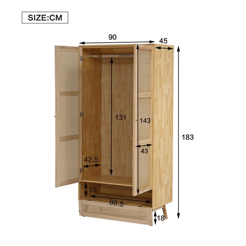 Armoire 90x45x183cm,filet En Rotin, Avec Couvercle Inférieur Réversible, Aggloméré + Rotin Pe