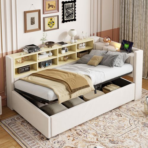 Lit Enfant Rembourré 90x200 Cm Avec USB + Type-c, Beige