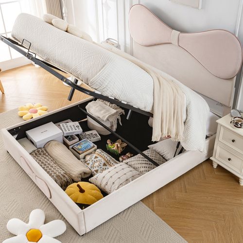 Lit Double 140x200 Cm Avec Tête De Lit Réglable et Coffre De Rangement - Beige