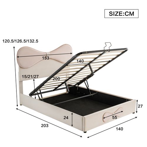 Lit Double 140x200 Cm Avec Tête De Lit Réglable et Coffre De Rangement - Beige