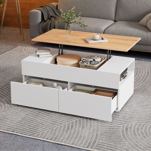 Table Basse Plateau Relevable 100x50x40 Cm, Avec Tiroirs, Espace De Rangement,blanc