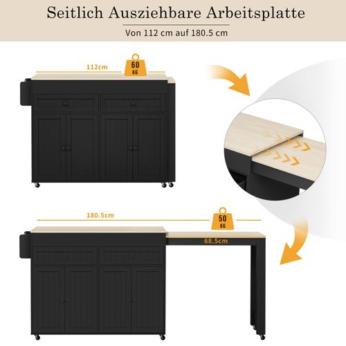 Ilot De Cuisine 180,5x45x92,2cm Avec 2 Tiroirs Et 4 Portes, Extensible, Amovible, Noir