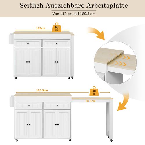 Lot De Cuisine 180.5x45x92.2cm Avec 2 Tiroirs Et 4 Portes, Extensible, Amovible, Blanc