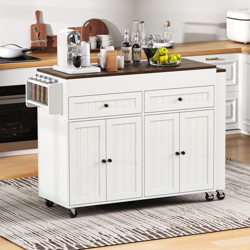 Ilot De Cuisine 180,5x45x92,2cm Avec 2 Tiroirs Et 4 Portes, Extensible, Amovible