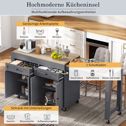 Ilot De Cuisine 180,5x45x92,2cm Avec 2 Tiroirs Et 4 Portes, Extensible, Amovible, Gris
