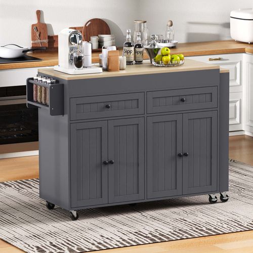 Ilot De Cuisine 180,5x45x92,2cm Avec 2 Tiroirs Et 4 Portes, Extensible, Amovible, Gris