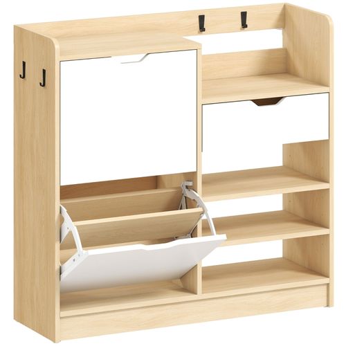 Meuble à Chaussures Avec Tiroirs Basculants, Étagères Ouvertes, 4 Crochets, Bois