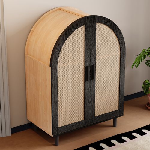 Meuble à Chaussures Élégant Extérieur Arrondi 70x40x100cm - 3 Étagères - Portes Ajourées Rotin