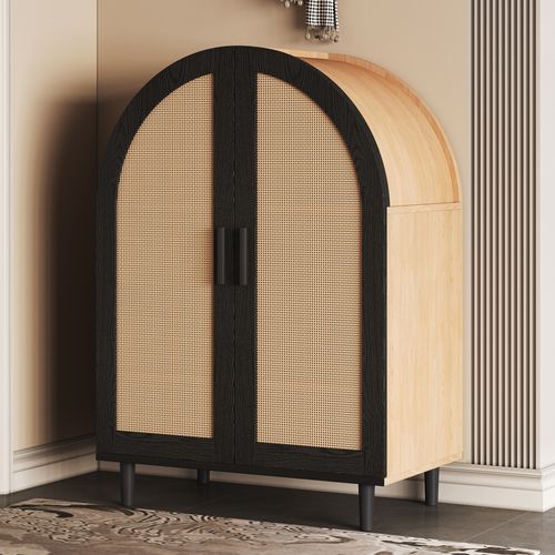 Meuble à Chaussures Élégant Extérieur Arrondi 70x40x100cm - 3 Étagères - Portes Ajourées Rotin