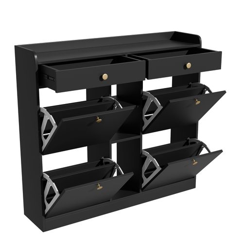 Meuble à Chaussures Noir 4 Portes 2 Tiroirs - Idéale Entrée/couloir - 110x26x100 Cm