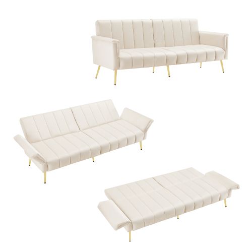 Canapé Convertible En Tissu Velours, Canapé 2 Places,avec Fonction Couchage,183x76x75cm, beige