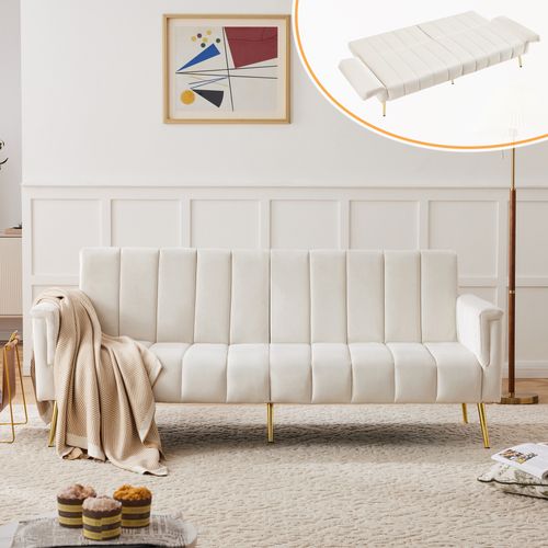 Canapé Convertible En Tissu Velours, Canapé 2 Places,avec Fonction Couchage,183x76x75cm, beige