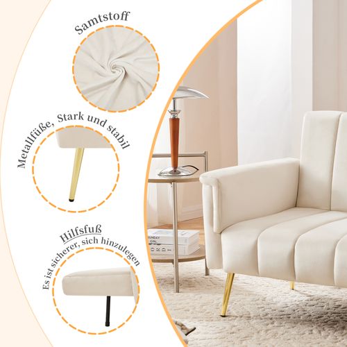 Canapé Convertible En Tissu Velours, Canapé 2 Places,avec Fonction Couchage,183x76x75cm, beige