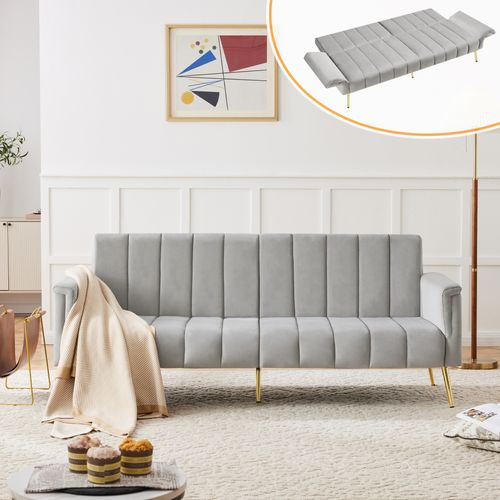 Canapé Convertible En Tissu Velours, Canape 2 Places,avec Fonction Couchage,183x76x75cm,gris