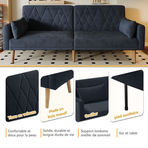 Canapé Convertible En Tissu Velours, Canape 2 Places,avec Fonction Couchage,180x75x82cm,noir