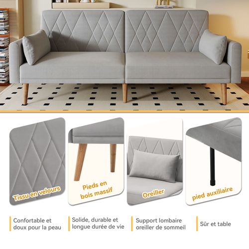 Canapé Convertible En Tissu Velours, Canape 2 Places,avec Fonction Couchage,180x75x82cm,gris