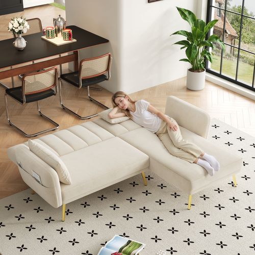 Canapé Convertible En L Avec Couchage Et Rangement,191.5x130x80 Cm Beige