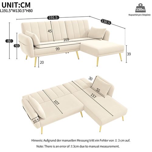 Canapé Convertible En L Avec Couchage Et Rangement,191.5x130x80 Cm Beige