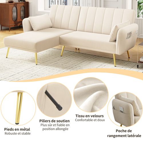 Canapé Convertible En L Avec Couchage Et Rangement,191.5x130x80 Cm Beige