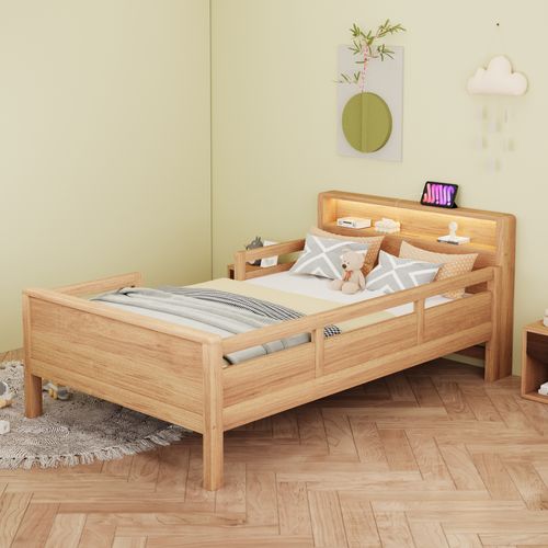 Lit Enfant Simple 90x200cm , Avec Tête De Lit Rangement, LED et USB , Bois Massif - Blanc Bois