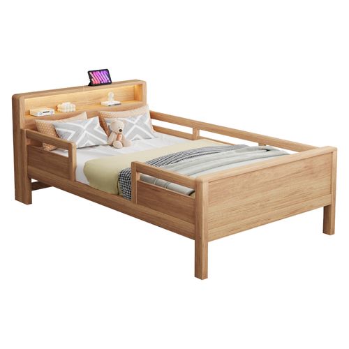 Lit Enfant Simple 90x200cm , Avec Tête De Lit Rangement, LED et USB , Bois Massif - Blanc Bois