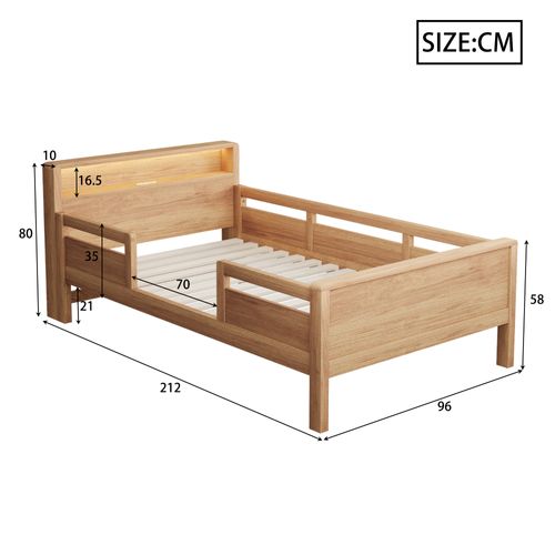 Lit Enfant Simple 90x200cm , Avec Tête De Lit Rangement, LED et USB , Bois Massif - Blanc Bois