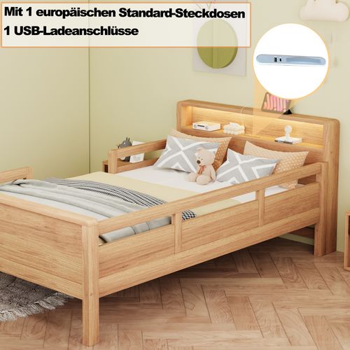 Lit Enfant Simple 90x200cm , Avec Tête De Lit Rangement, LED et USB , Bois Massif - Blanc Bois