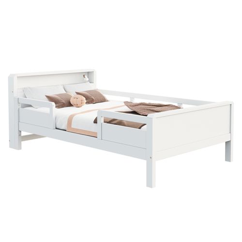 Lit Enfant Simple 90x200cm , Avec Tête De Lit Rangement, LED et USB , Bois Massif - Blanc