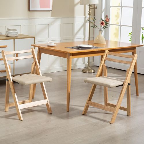 Lot De 2 Chaises Pliantes Avec Coussin En Velours Rembourrée - Bois - Beige