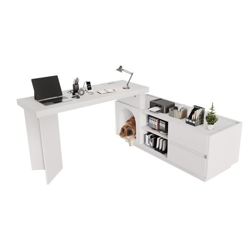 Bureau D'angle - Avec Niche Intégrée Pour Animaux – 120x50x75cm - Mdf - Blanc