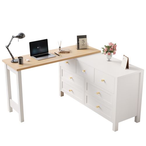 Bureau D'angle En L - Table Pivotante à 360° - 7 Tiroirs - Panneau De Particules - 120 X 40 X 70 Cm