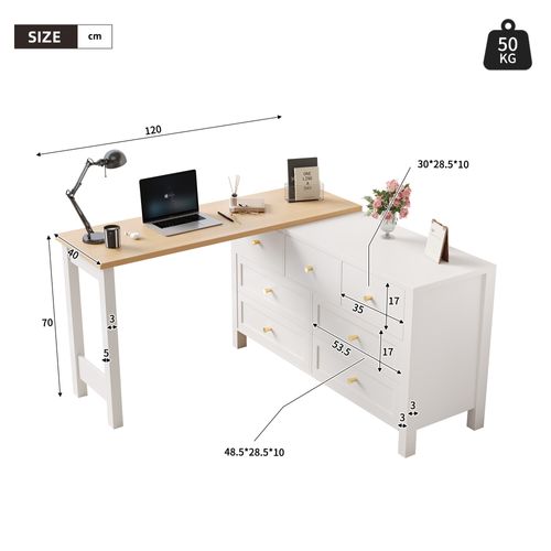 Bureau D'angle En L - Table Pivotante à 360° - 7 Tiroirs - Panneau De Particules - 120 X 40 X 70 Cm