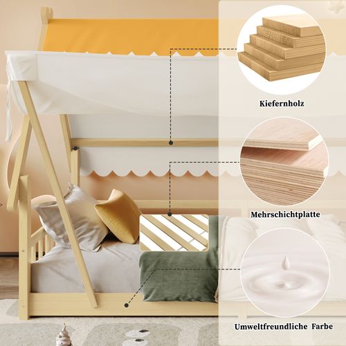 Lit Cabane D'enfant - 90 X 200 Cm - Tente Amovible - Bois Massif - Design Raffiné En Bois
