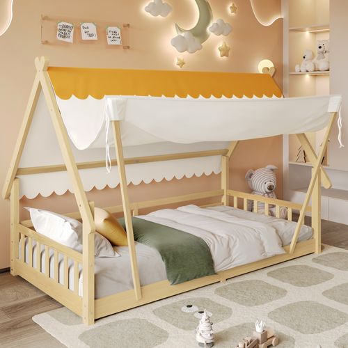 Lit Cabane D'enfant - 90 X 190 Cm - Tente Amovible - Bois Massif - Design Raffiné En Bois