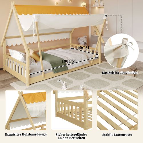 Lit Cabane D'enfant - 90 X 190 Cm - Tente Amovible - Bois Massif - Design Raffiné En Bois