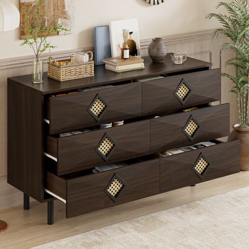 Commode 120x40x74 Cm - Avec 6 Tiroirs Et Poignées En Rotin - Noyer - Mdf