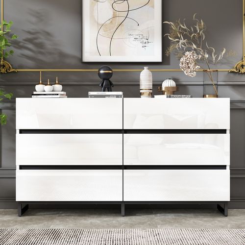 Commode 140x39.5x78.5 Cm - Avec 6 Tiroirs - Blanc - Panneau De Particules