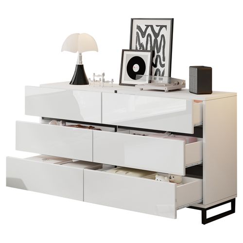 Commode 140x39.5x78.5 Cm - Avec 6 Tiroirs - Blanc - Panneau De Particules