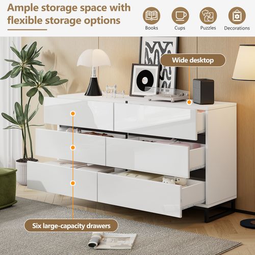 Commode 140x39.5x78.5 Cm - Avec 6 Tiroirs - Blanc - Panneau De Particules