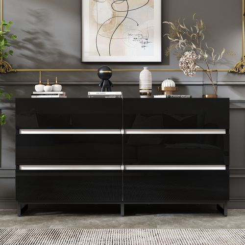 Commode 140x39.5x78.5 Cm - Avec 6 Tiroirs - Noir - Panneau De Particules