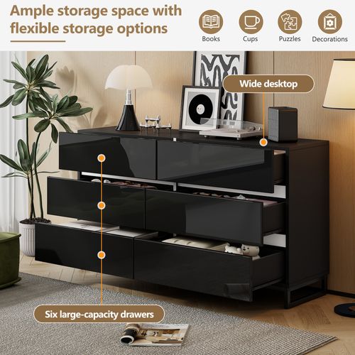 Commode 140x39.5x78.5 Cm - Avec 6 Tiroirs - Noir - Panneau De Particules