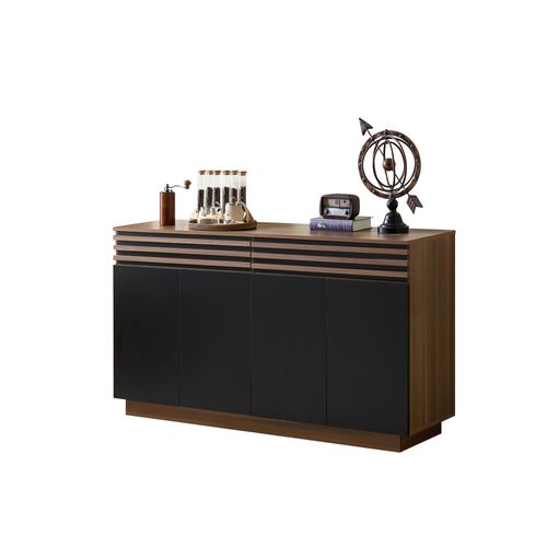 Buffet - Aspect Bois Brun Avec Portes Noires - 2 Tiroirs Et 4 Portes  - 150 X 40 X 85 Cm