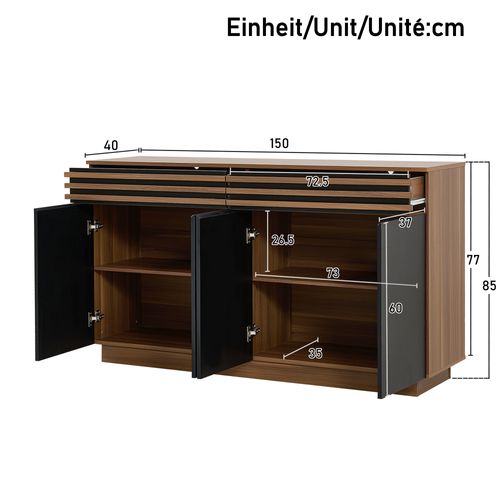 Buffet - Aspect Bois Brun Avec Portes Noires - 2 Tiroirs Et 4 Portes  - 150 X 40 X 85 Cm