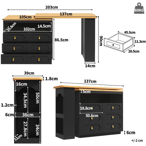 Table De Bar Extensible 137-203x39x90 Cm - Avec Pivotement à 360° Et Rangement - Noir