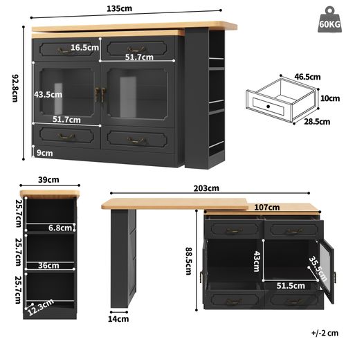 Table De Bar Extensible 135-203x39x92.8 Cm - Avec Pivotement à 360° Et LED - Noir