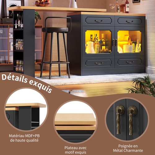 Table De Bar Extensible 135-203x39x92.8 Cm - Avec Pivotement à 360° Et LED - Noir